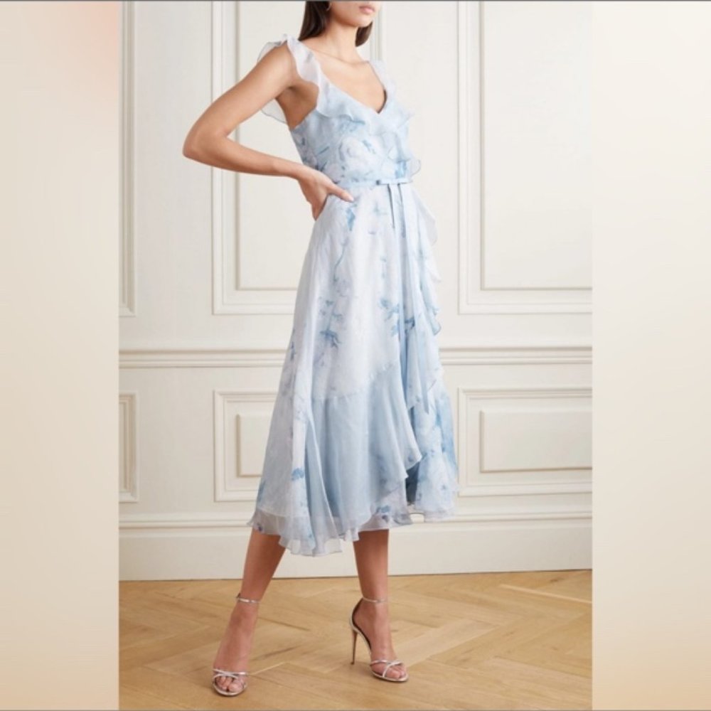 MARCHESA NOTTE Floral-print Chiffon And Chantilly Lace Midi Dress